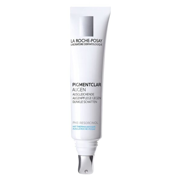 Hautpflegecreme in weißer Tube mit silberner Applikatorspitze, beschriftet für dunkle Augenringe.