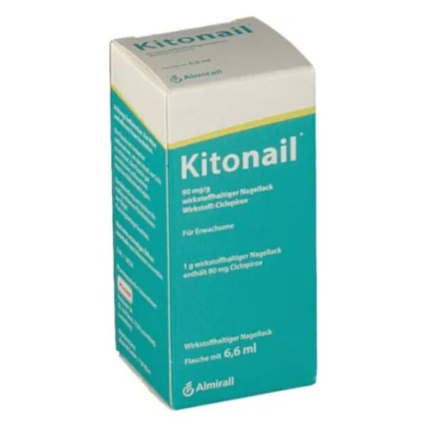 Kitonail Nagellack, 80 mg/g Wirkstoff Ciclopirox, in einer rechteckigen Kiste, zum Schutz und zur Behandlung von Nagelinfektionen.