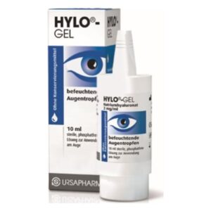 Augentropfenflasche mit Verpackung, die den Produktnamen HYLO-GEL, Inhaltsstoffe und Anwendungshinweise zeigt.