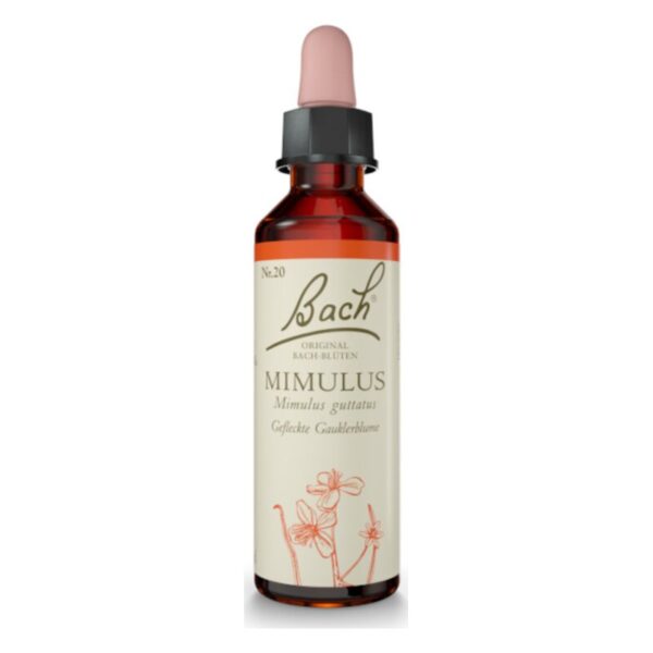 Braunflasche mit Pipette und Etikett, das die Bachblüte Mimulus zur Behandlung von Ängsten beschreibt.