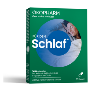 Verpackung für ein Schlafmittel mit Melatonin, Goldmohn-Extrakt und anderen Inhaltsstoffen, zeigt eine schlafende Frau.