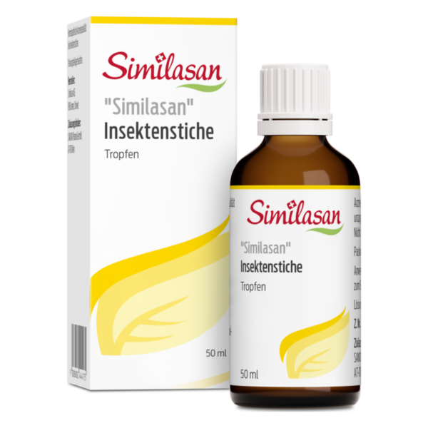 Braune Glasflasche mit Tropfen und eine Verpackung für Similasan Insektenstiche, 50 ml.