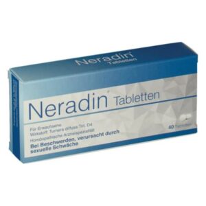 Blau-weiße Verpackung mit 40 homöopathischen Neradin Tabletten, für Erwachsene, bei sexueller Schwäche.