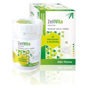 ZellVita Tabletten im Plastiktigel und Karton, beworben für Kraftlosigkeit und Erschöpfung.