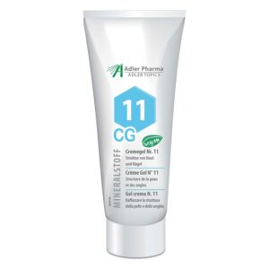 Tube mit Cremegel Nr. 11 für Haut und Nägel, vegan, mit blauem hexagonalen Logo.
