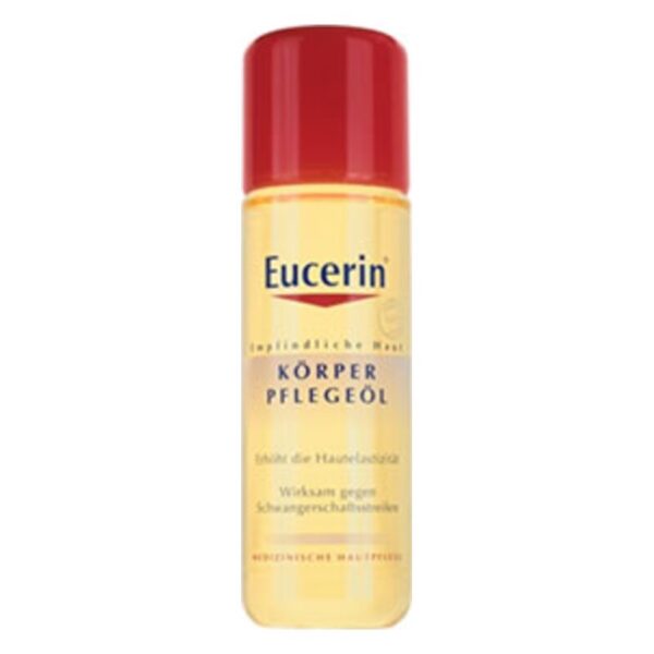 Flasche Eucerin Körperpflegeöl mit rotem Deckel, wirkt gegen Schwangerschaftsstreifen und pflegt die Haut.