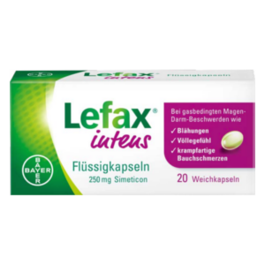 Packung mit Lefax Flüssigkapseln, 250 mg Simeticon, zur Behandlung von Blähungen und Bauchschmerzen.