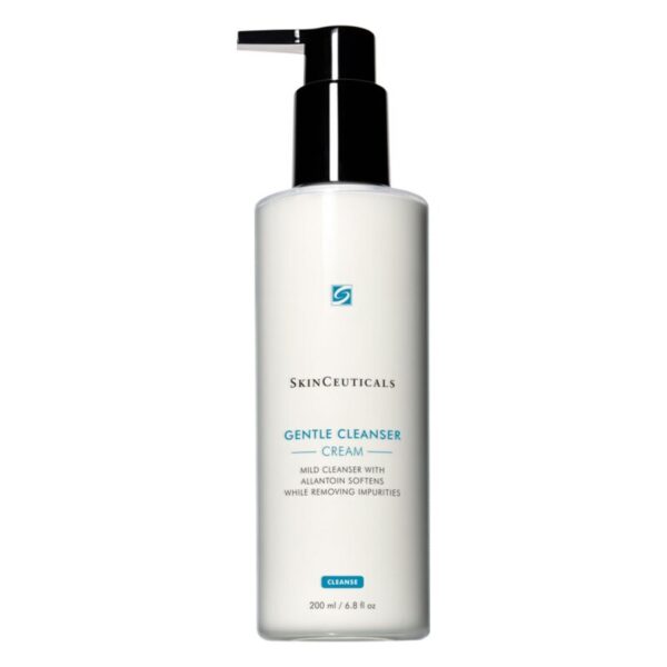 Flasche mit sanftem Gesichtsreiniger von SkinCeuticals, mit Pumpspender und klaren Beschreibungen auf dem Etikett.