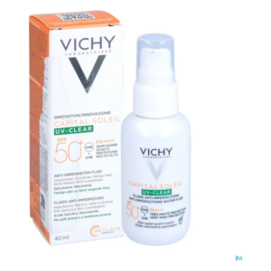 Vichy Kapitalsol Creme in weißer Flasche mit Pumpspender, verpackt in einer orange-weißen Box. Schutzfaktor 50+.