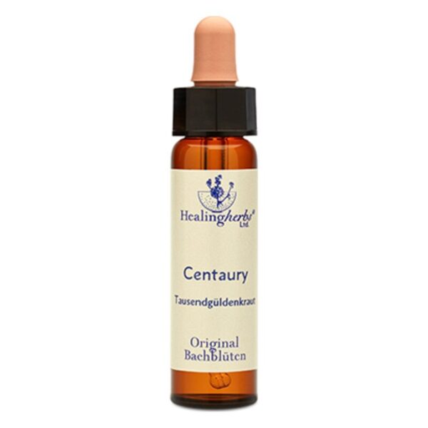 Braune Glasflasche mit tropfenförmigem Deckel, etikettiert mit "Centaury" von Healingherbs.