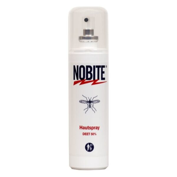 Weißer Flakon mit Sprühkopf, beschriftet mit 'NOBITE Hautspray', enthält 50% DEET zur Insektenabwehr.