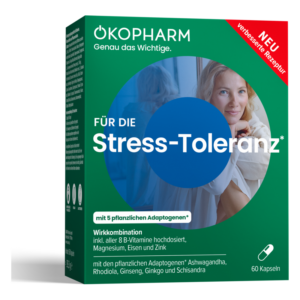 Verpackung für Nahrungsergänzungsmittel zur Stress-Toleranz, mit einer Frau im Hintergrund und Informationen zu Inhaltsstoffen.