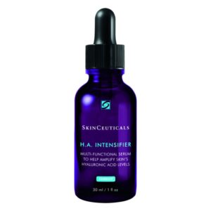 Dunkelblaue Glasflasche mit Pipette, bezeichnet als H.A. Intensifier von SkinCeuticals, zur Hautpflege.
