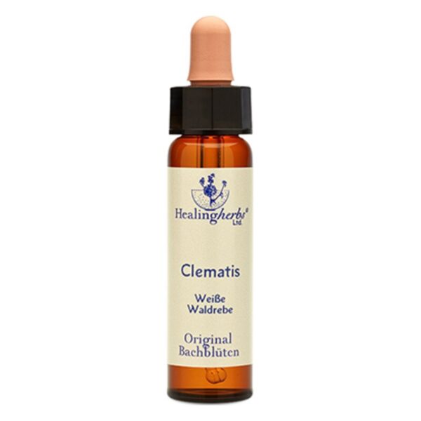 Braune Glasflasche mit Tropfverschluss, etikettiert als "Clematis" von Healing Herbs, für Bachblüten.