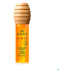 Transparente Kunststoffflasche mit holzähnlichem Schraubverschluss, gefüllt mit orangefarbener Lippenpflege.