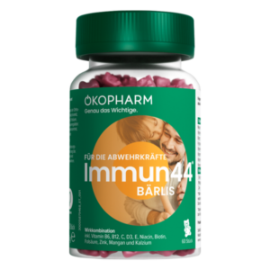 Packung mit Nahrungsergänzungsmitteln zur Unterstützung des Immunsystems, mit einem grünen Deckel und rosa Kapseln.