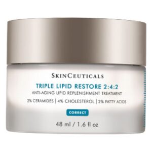 Hautpflegecreme in einem transparenten Tiegel mit silbernen Deckel, gefertigt von SkinCeuticals, für Anti-Aging und Lipidauffüllung.