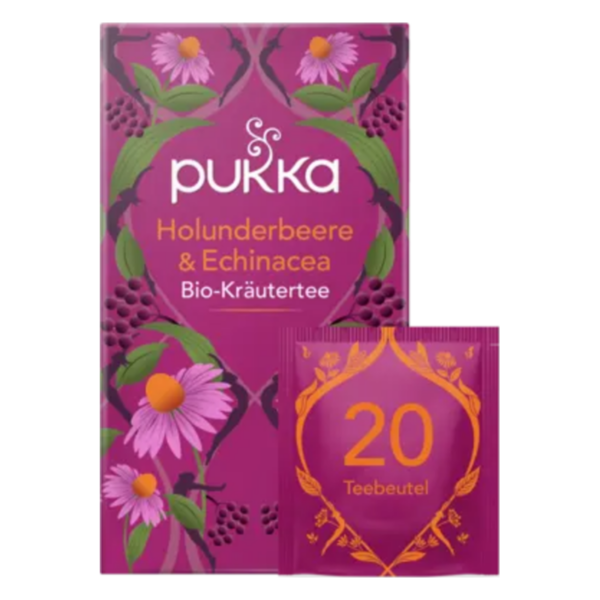 Verpackung von Pukka Bio-Kräutertee mit Holunderbeere und Echinacea, violette Box mit floralen Motiven und Teebeuteln.