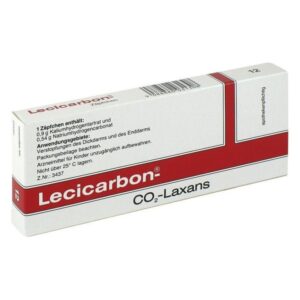 Packung Lecicarbon CO2-Laxans mit Hinweis zu Inhaltsstoffen und Anwendung gegen Verstopfung.