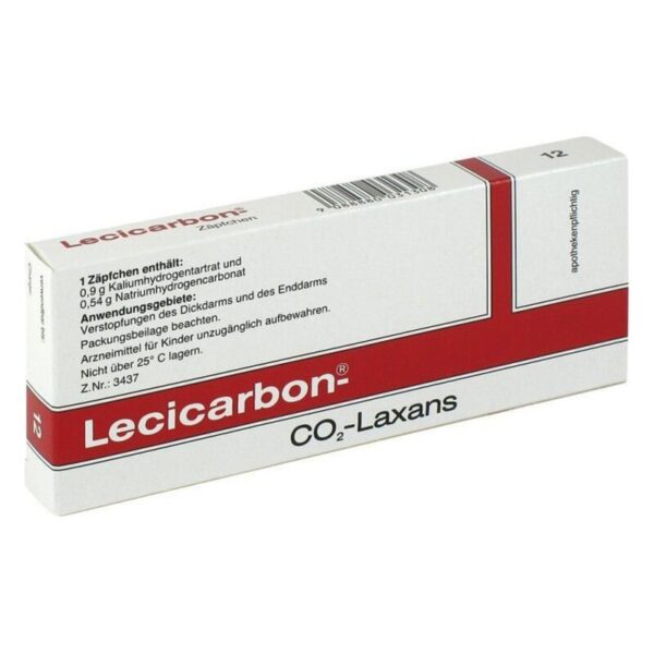 Packung Lecicarbon CO2-Laxans mit Hinweis zu Inhaltsstoffen und Anwendung gegen Verstopfung.