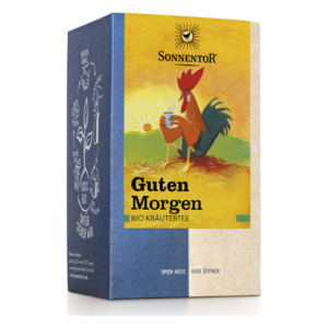 Packung von Sonnentor Bio Kräutertee 'Guten Morgen' mit einem bunten Hahn und Sonnenmotiv.