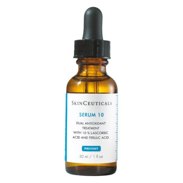 Braune Glasflasche mit Pipette, SkinCeuticals Serum 10, 30 ml, enthält Antioxidantien und Vitamine.