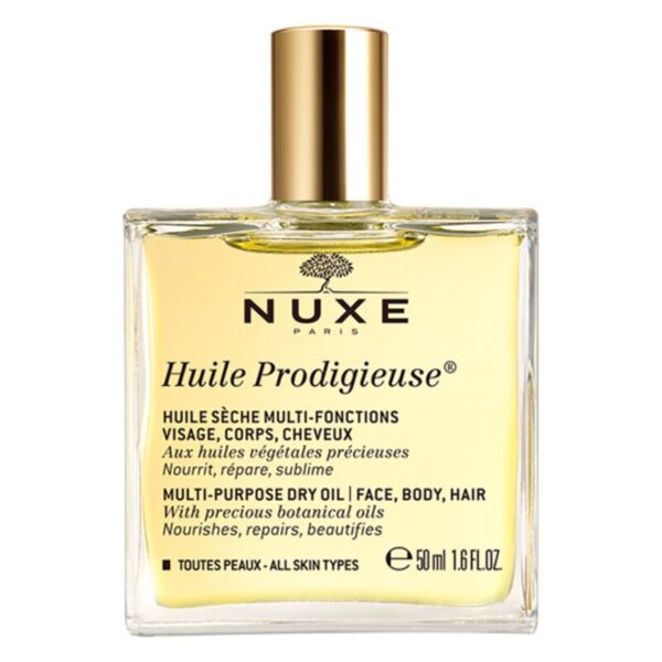 Flasche mit NUXE Huile Prodigieuse, einer vielseitigen Trockenöl-Formulierung für Gesicht, Körper und Haare.