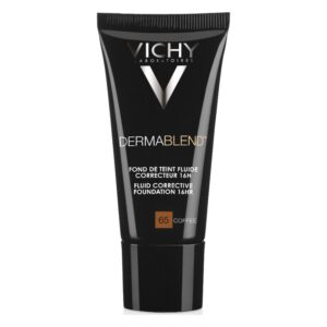Schwarze Tube mit Flüssigfoundation von Vichy, 16h Haltbarkeit, Farbe 65 Coffee.