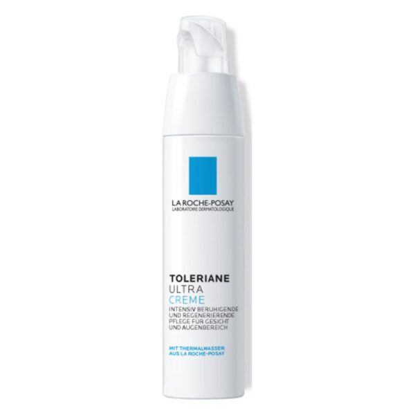 Weiße Flasche mit Pumpverschluss der La Roche-Posay Toleriane Ultra Creme, einer beruhigenden Gesichts- und Augenpflege.