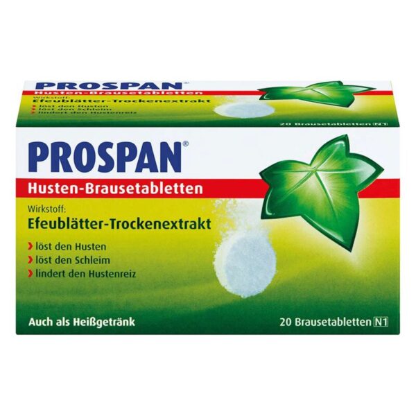 Packung mit PROSPAN Husten-Brausetabletten, enthält Efeublätter-Trockenextrakt zur Hustenlinderung.