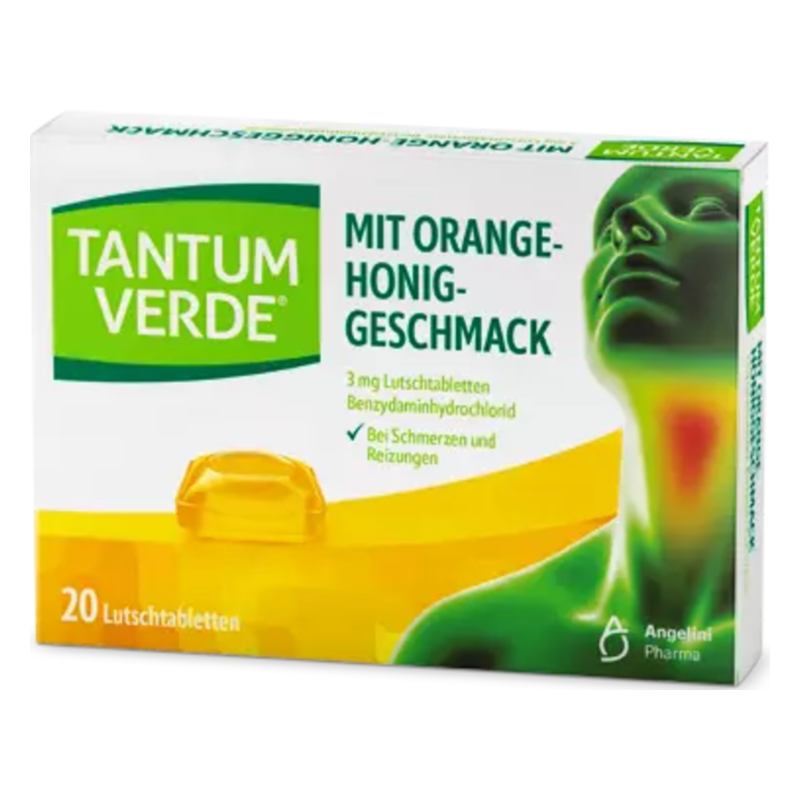 Packung mit 20 Lutschtabletten von Tantum Verde, orange-honiggeschmack, enthält Benzydamin zur Linderung von Halsschmerzen.