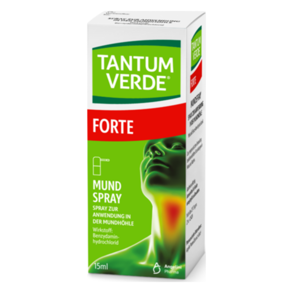 Packung des Tantum Verde Forte Mundsprays, grüne Farbe, Anwendungsgebiet in der Mundhöhle, 15 ml.
