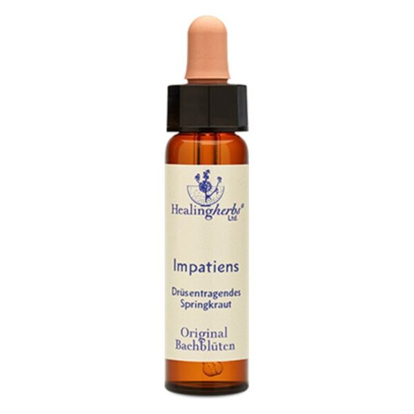 Braune Flasche mit Pipette, etikettiert mit "Impatiens", Inhaltsstoff "Drüsentragendes Springkraut", Bachblüten.