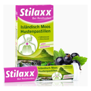 Verpackung von Stilaxx Hustenpastillen mit Abbildung eines menschlichen Atemwegs, isländischem Moos und Kräutern.