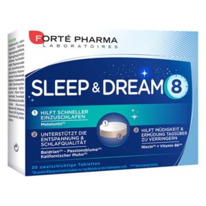 Verpackung des Nahrungsergänzungsmittels "SLEEP & DREAM 8" von Forté Pharma mit Informationen zu Inhaltsstoffen und Wirkungen.