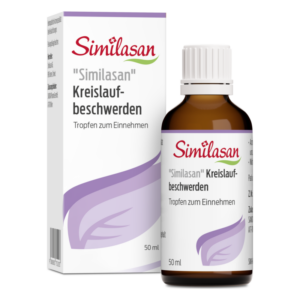 Packung und Flasche der Similasan Tropfen gegen Kreislaufbeschwerden, in Braunglas und mit einem weißen Deckel.