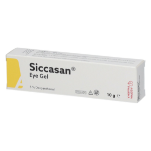 Verpackung von Siccasan Eye Gel mit 5 % Dexpanthenol in einer sterilen Tube, 10 g.