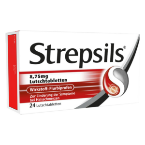 Packung mit 24 Lutschtabletten von Strepsils, Wirkstoff Flurbiprofen zur Linderung von Halsschmerzen.