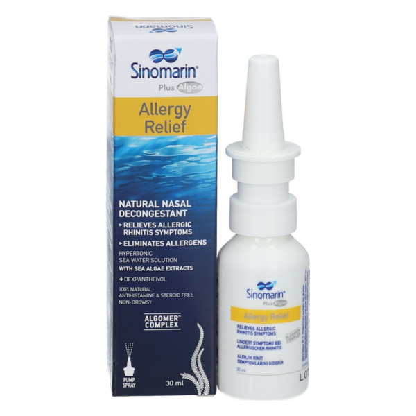 Nasenpray mit einer weißen Sprühdüse und einer blauen Verpackung, die Allergie-Lindern verspricht.