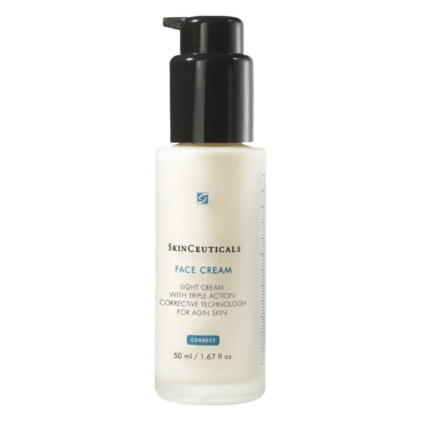 Gesichtspflegecreme in einer klaren, pumpbaren Flasche mit schwarzem Deckel und blauer Schrift.