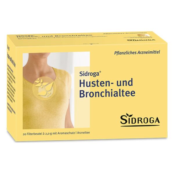 Verpackung von Sidroga Husten- und Bronchialtee in gelber Box mit 20 Filterbeuteln und Aromaschutz.