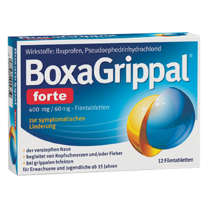BoxaGrippal forte Verpackung, Inhalt: Filmtabletten zur Linderung von Symptomen bei Erkältungen. Aktive Wirkstoffe angegeben.