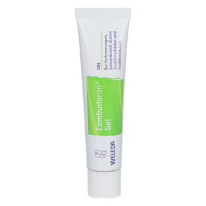Weleda Combudoron Gel in einer weißen Tube mit grüner Schrift für die Behandlung von Hautverletzungen.