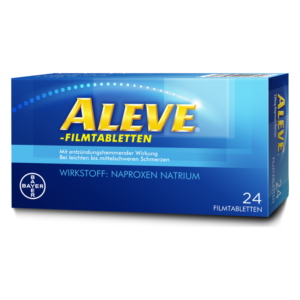 Packung Aleve Filmtabletten in Blau mit dem Hinweis auf den Wirkstoff Naproxen Natrium und entzündungshemmender Wirkung.