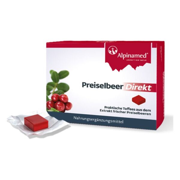 Verpackung von Preiselbeer-Toffees mit frischen Preiselbeeren, in einer weißen Schachtel mit rotem Akzent.