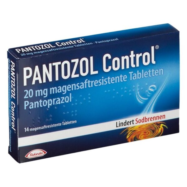 Verpackung von PANTOZOL Control mit 20 mg magensaftresistenten Tabletten, die gegen Sodbrennen helfen.
