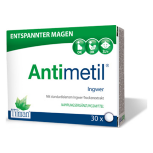 Verpackung von Antimetil mit Ingwer-Trockenextrakt für eine entspannende Magenwirkung, gekennzeichnet für Altersgruppen ab 3 Jahren.
