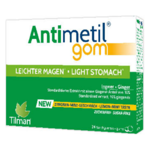 Verpackung von Antimetil Kaugummi mit Ingwer, Zitronen-Minz-Geschmack, zuckerfrei, 24 Stück.