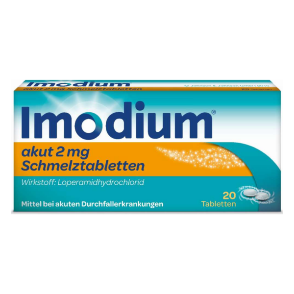 Packung mit 20 akuten 2 mg Schmelztabletten Imodium zur Behandlung von Durchfallerkrankungen, orange-blaue Gestaltung.