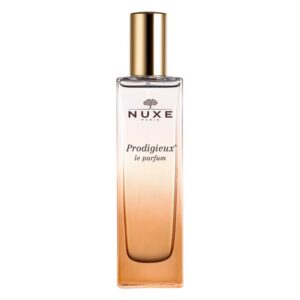 Flasche des NUXE Prodigieux Parfums mit goldfarbenem Verschluss und sanftem Farbverlauf von klar zu orange.
